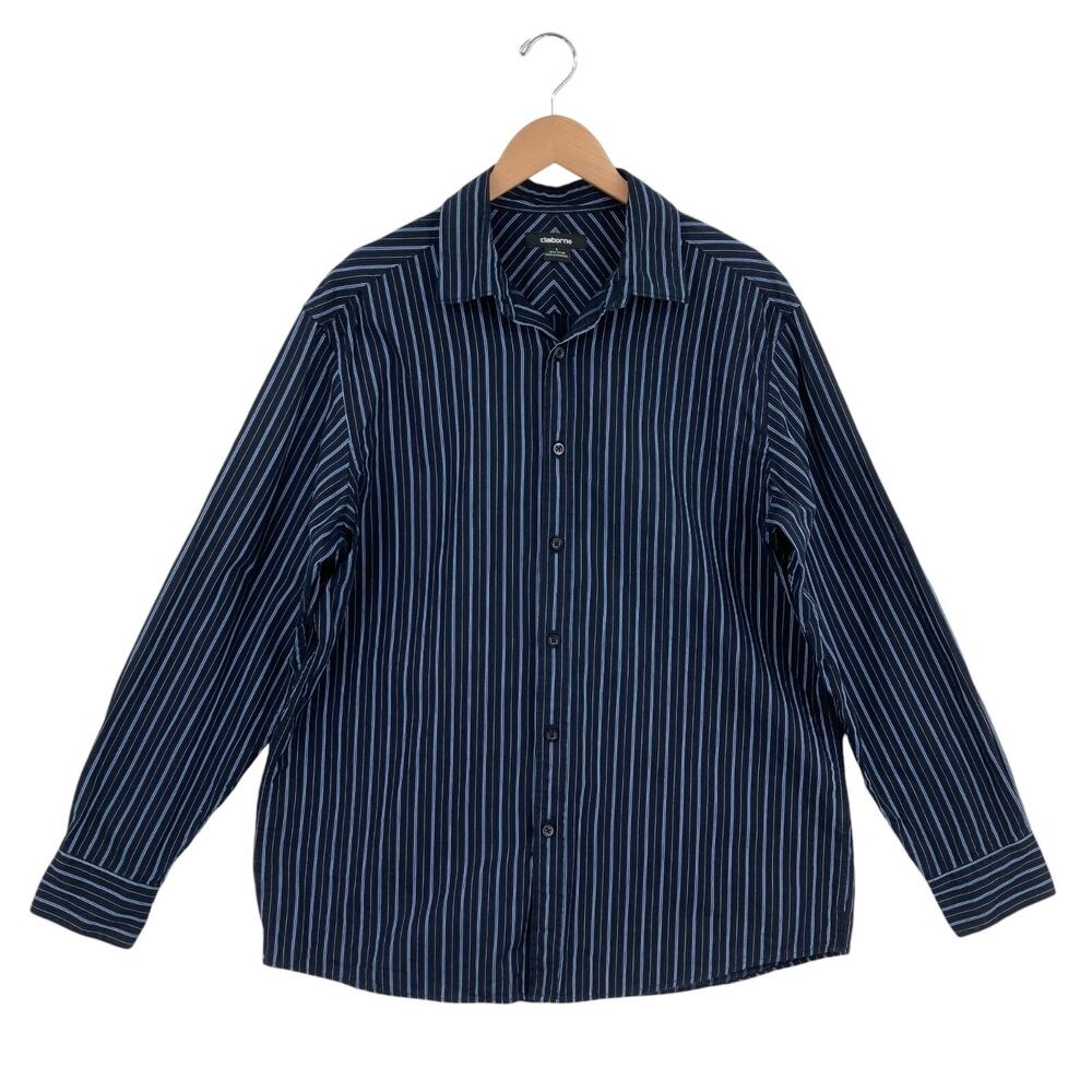 Claiborne Shirt Mens L Navy Striped Modern Fit Long Sleeve Collared Button Down